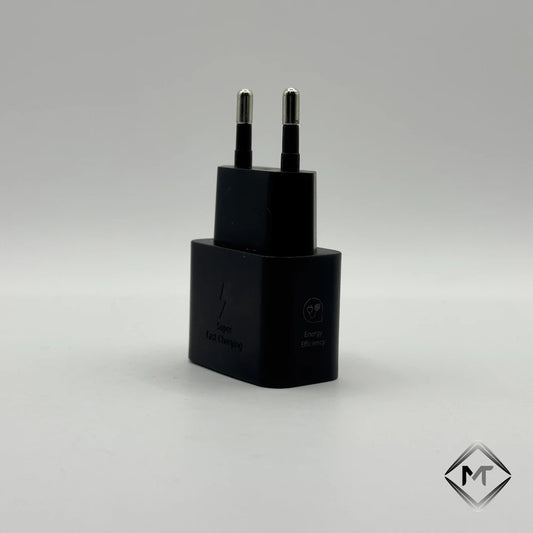 Black 25W NFC Super Fast Charging wall charger front view with Energy Efficiency logo