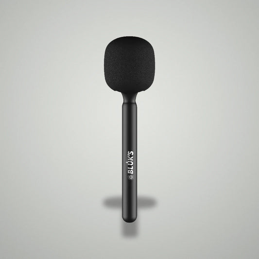 Assembled BLUK'S BX-111 handheld wireless interview microphone with black foam windscreen