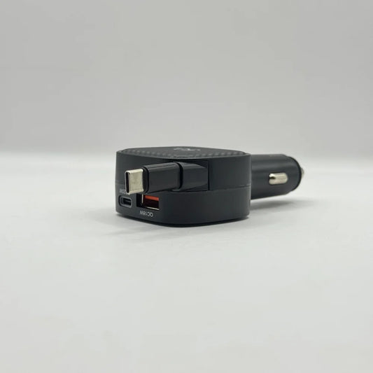 Close up side view of Bluk's BX-653 fast car charger highlighting the retractable Type-C charging cable head