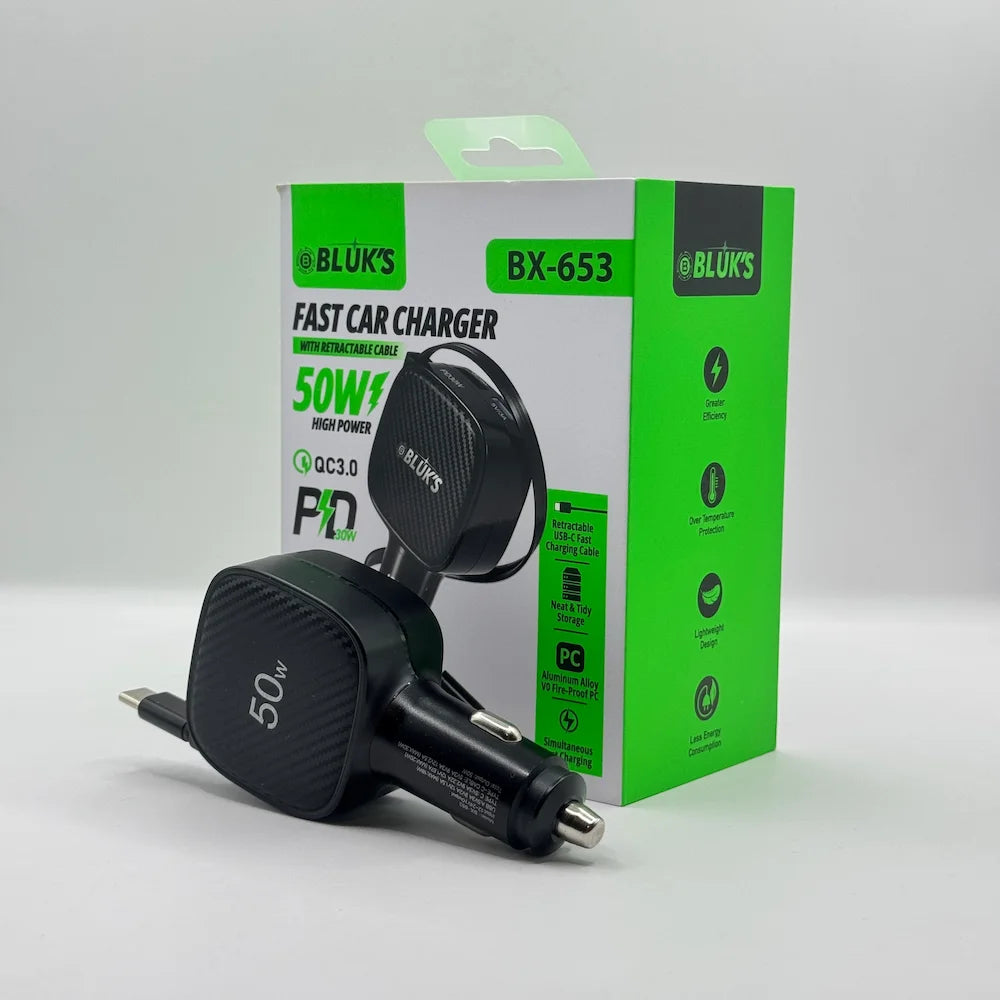 Bluk's BX-653 50W fast car charger with retractable Type-C cable placed in front of green retail packaging box