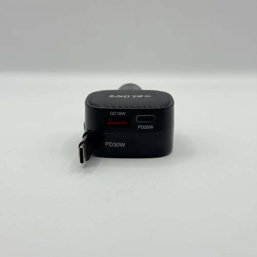 Front view of Bluk's BX-653 car charger ports showing QC18W, PD20W, and PD30W retractable connector