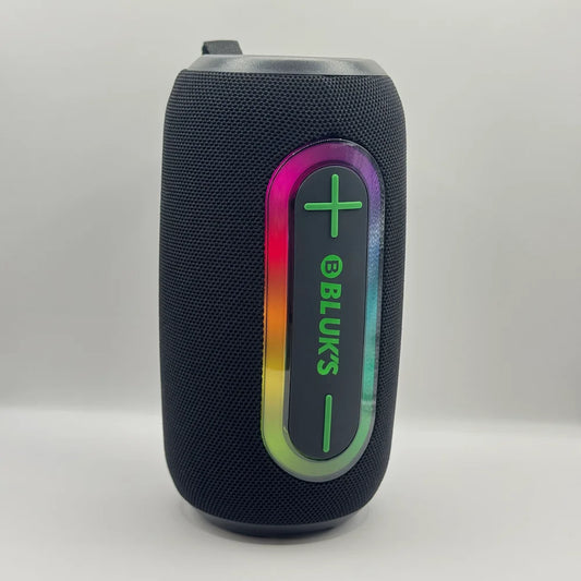 Angle view of BLUK'S BX-193 speaker with glowing multi-color LED light ring