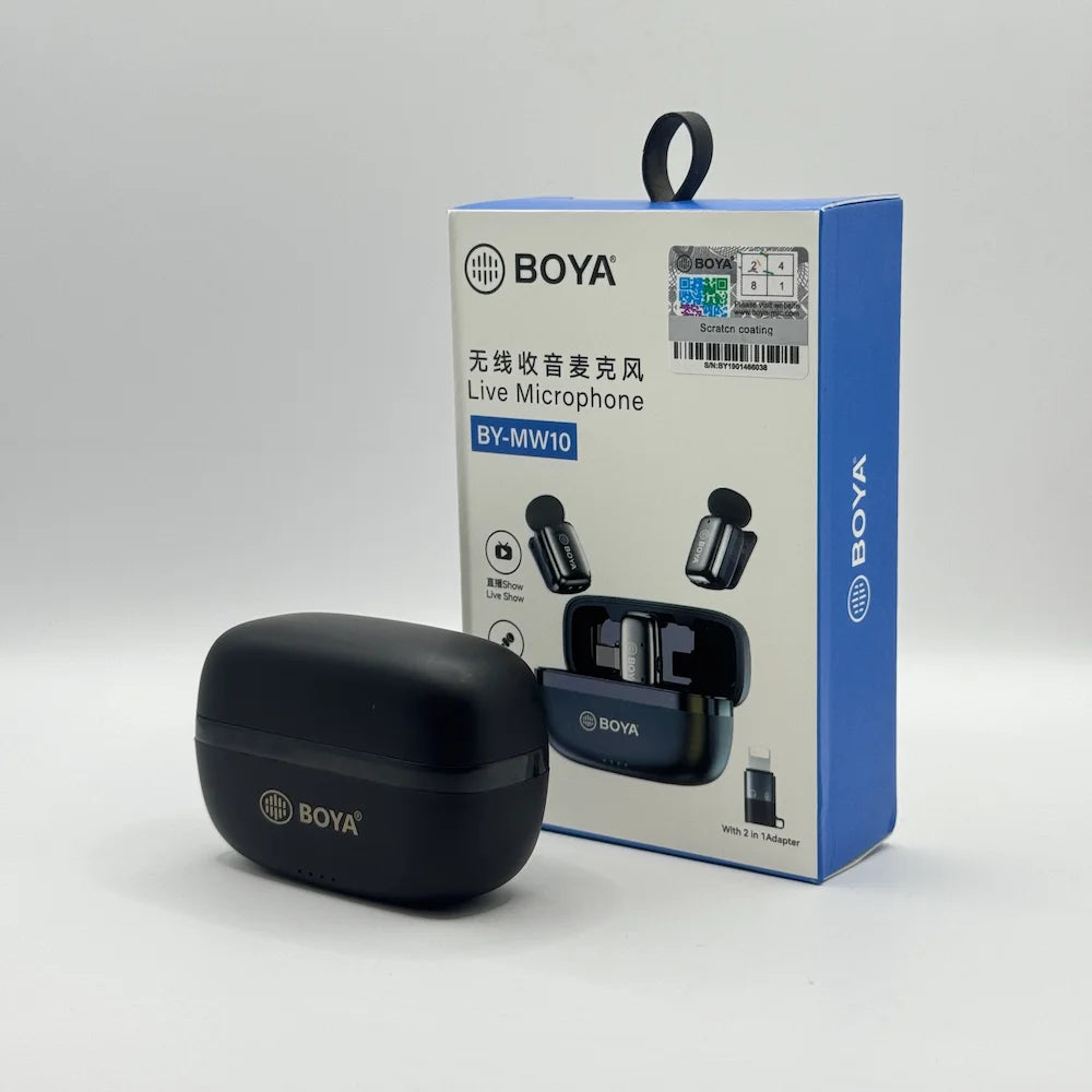 BOYA BY-MW10 matte black charging case sitting in front of retail packaging box