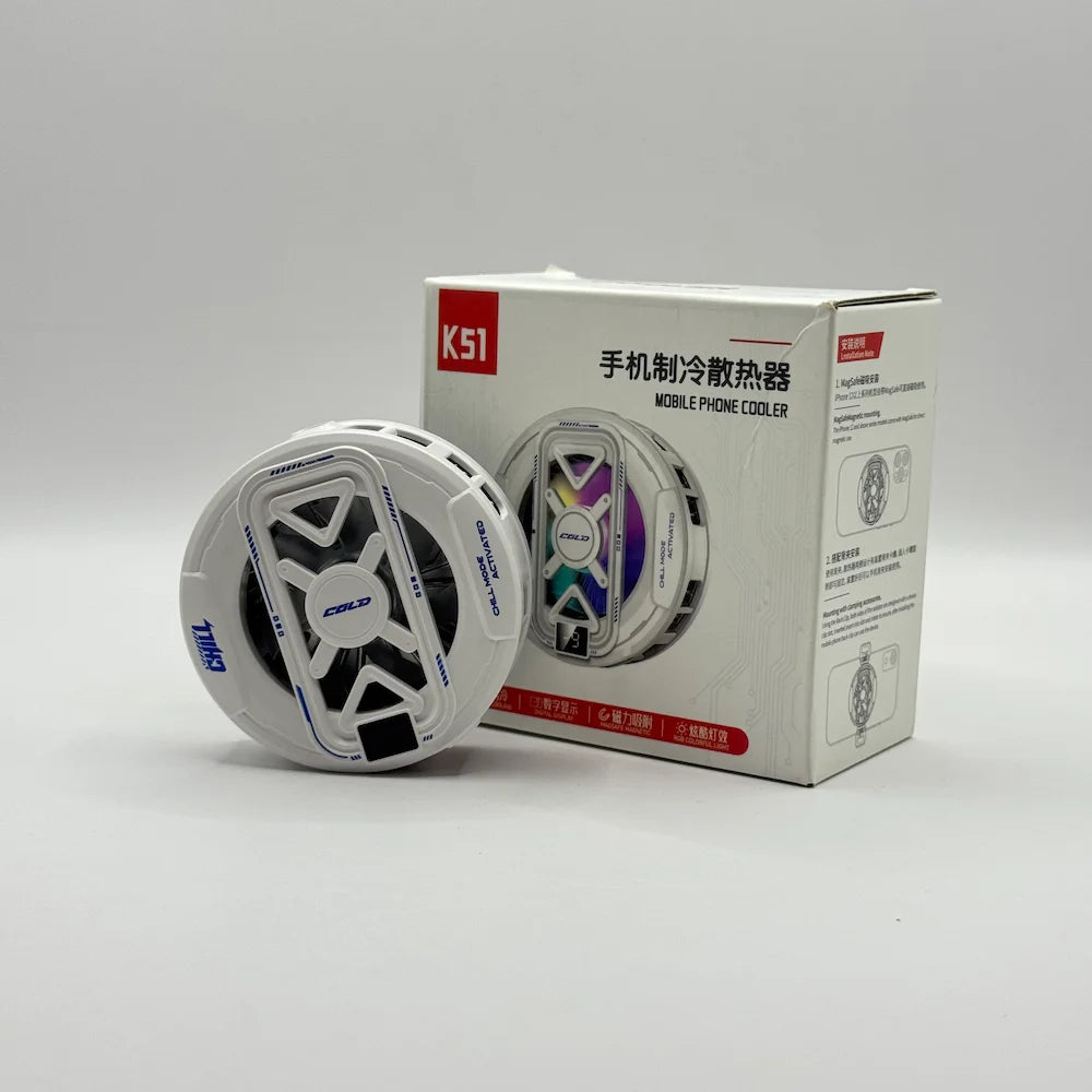 Front view of white K51 magnetic mobile phone cooler with digital display standing next to retail box