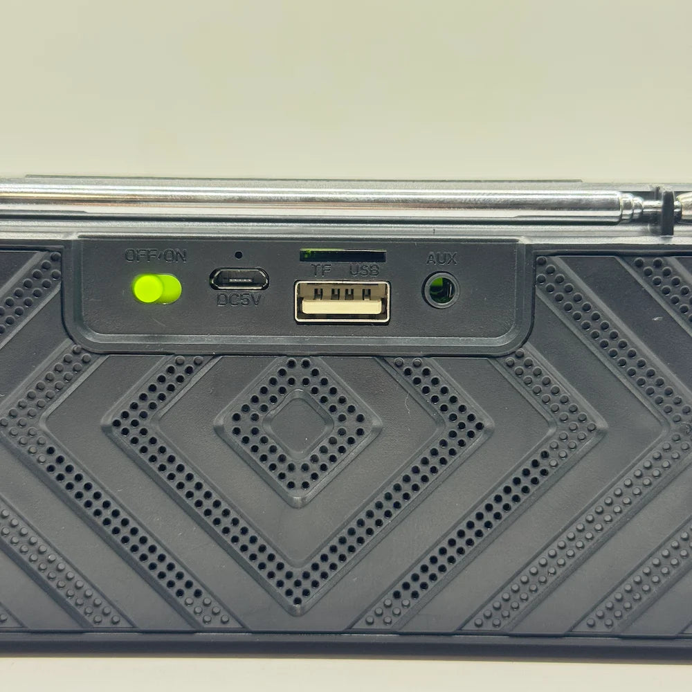 Close-up of speaker input panel showing ON/OFF switch, DC 5V charging port, TF card slot, USB port, and AUX jack