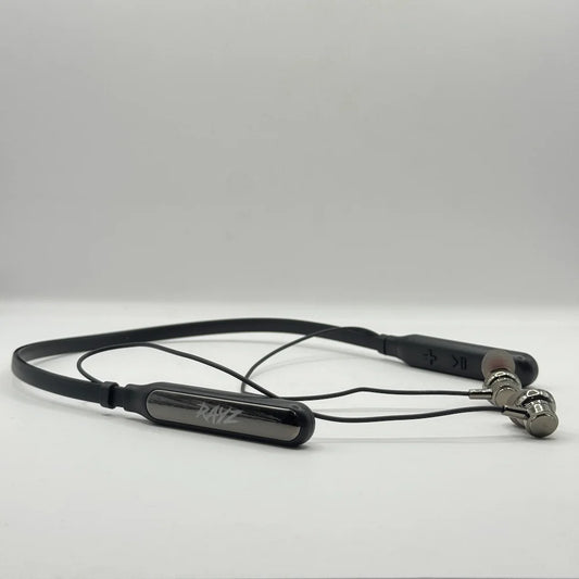Side perspective view of RAYZ RNB-02 black smart neckband with magnetically connected earbud heads