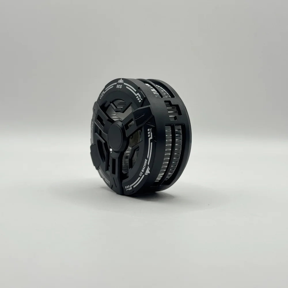 Angled front view of S38 magnetic phone cooler highlighting side air vent grilles and compact build