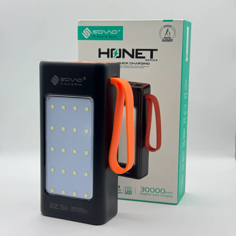 SOVO HONET Series SPB-677 30000mAh power bank with front LED light panel standing next to retail box