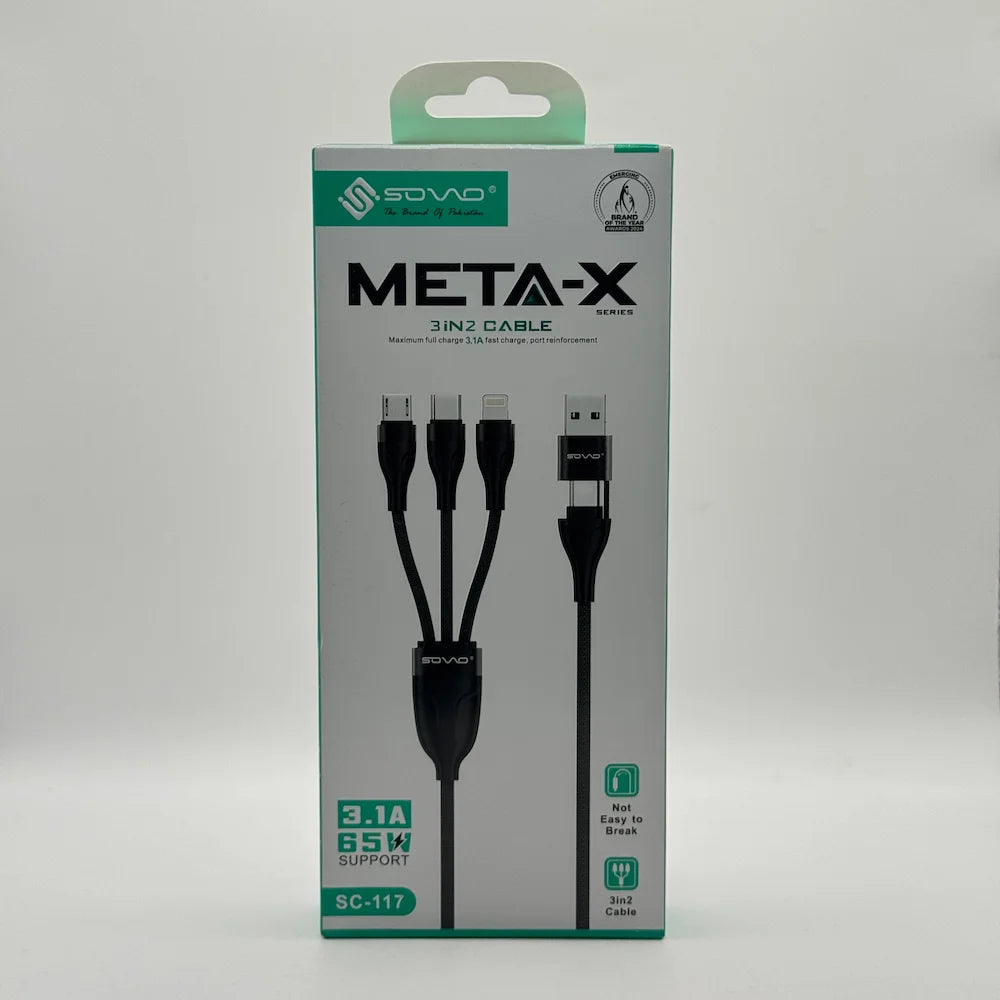 Front packaging box of SOVO Meta-X SC-117 3 in 2 cable showing 65W and 3.1A support