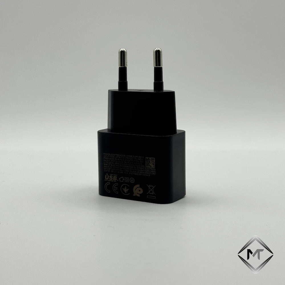 Black 25W NFC Super Fast Charging adapter showing printed technical output specs and certifications