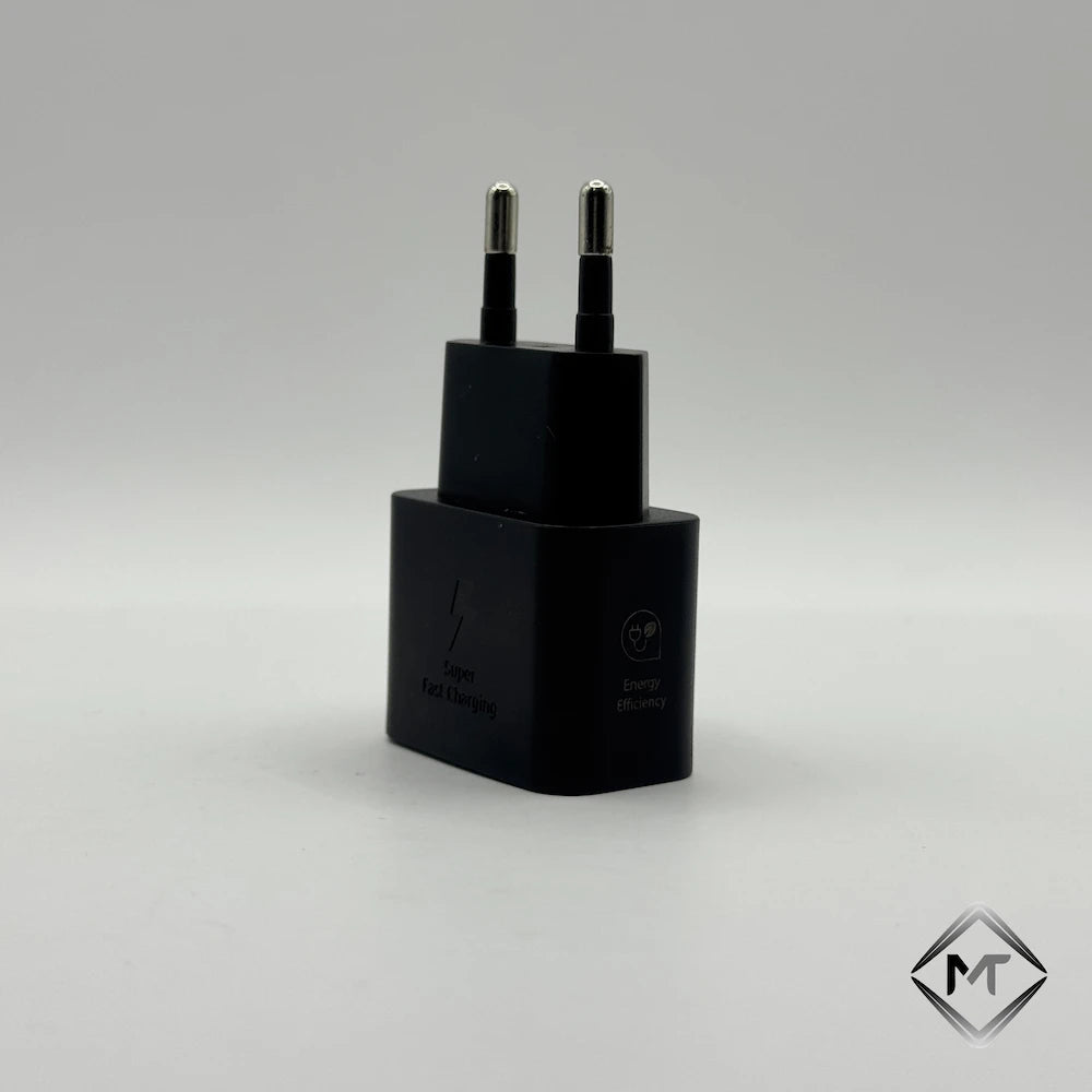 Black 25W NFC Super Fast Charging wall charger front view with Energy Efficiency logo
