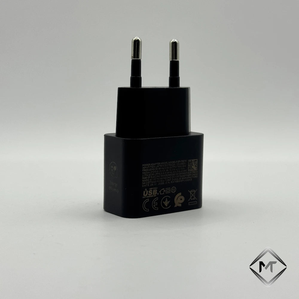 Black 25W USB-C NFC fast power adapter side angle view