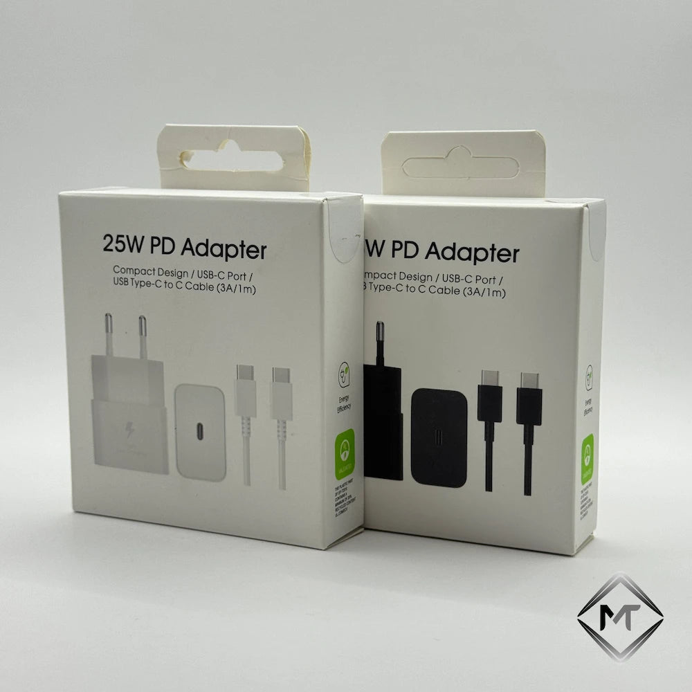 25W PD Adapter with 3A USB Type-C cable packaging boxes in white and black