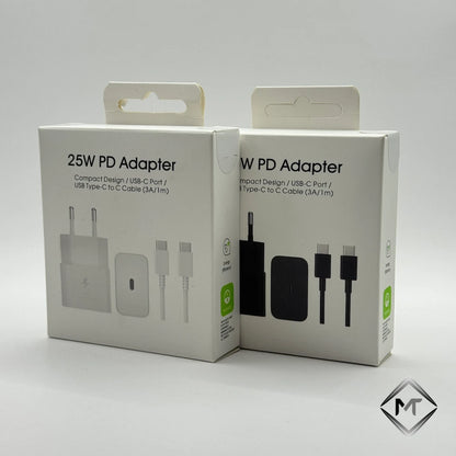 25W PD Adapter with 3A USB Type-C cable packaging boxes in white and black
