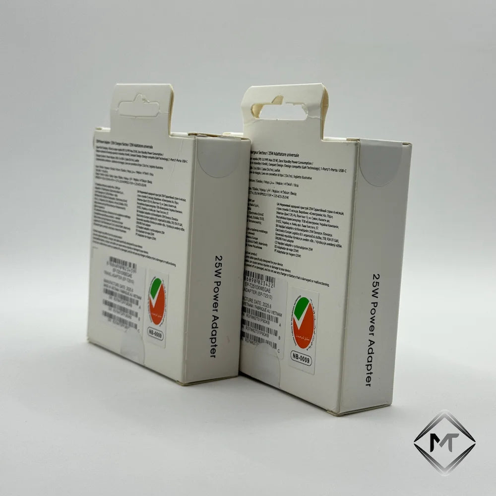 25W Power Adapter packaging boxes back view showing product details