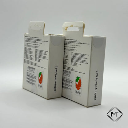 25W Power Adapter packaging boxes back view showing product details