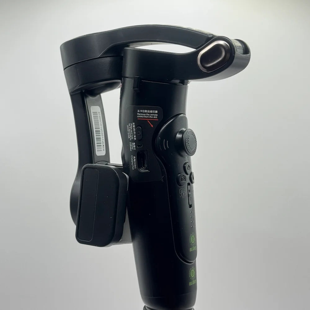 Black version of 3-AXIS smartphone gimbal stabilizer showing Type-C charging port, power button, and control layout
