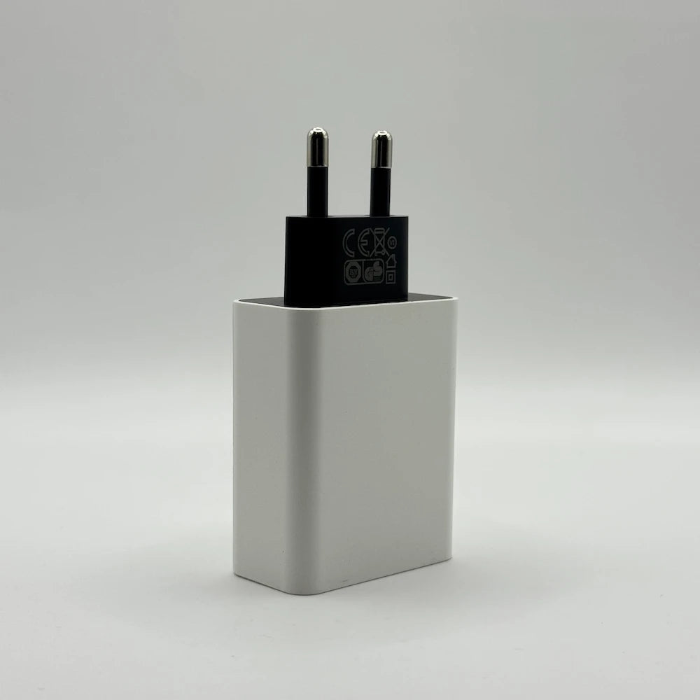 30W fast charger adapter back view showing safety certifications