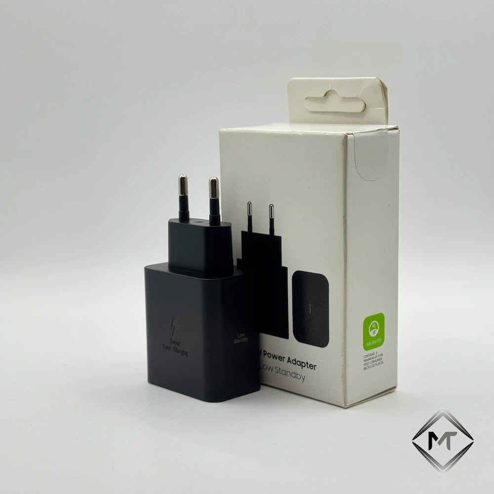 Black 45W NFC Super Fast Charging wall adapter next to retail packaging box