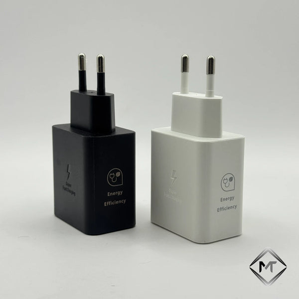 Black and white 45W PD adapters front view with Energy Efficiency icon