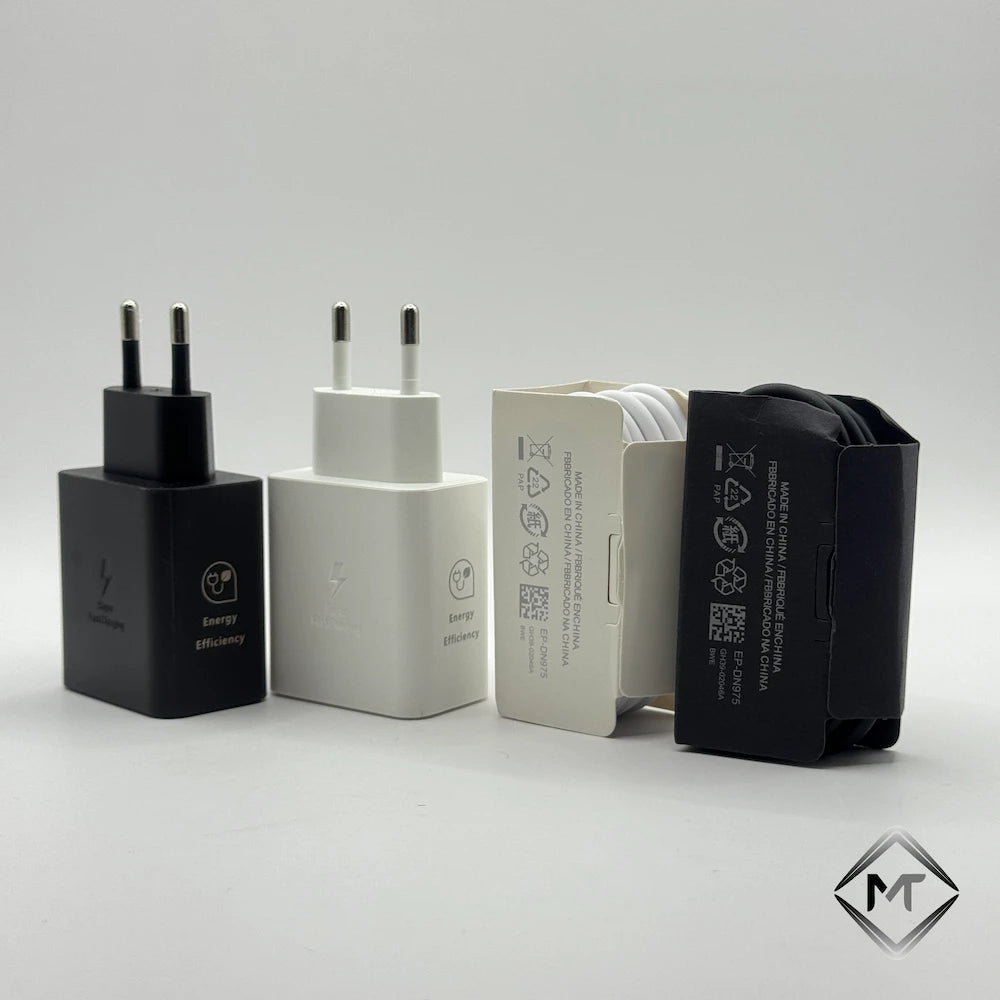 Black and white 45W PD chargers next to 5A Type-C fast charging cables