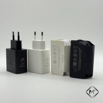 Black and white 45W PD chargers next to 5A Type-C fast charging cables
