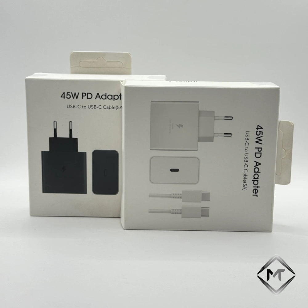 45W PD fast charger packaging boxes showing 5A Type-C cable included