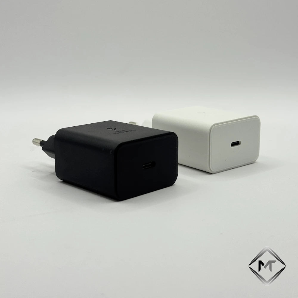 Black and white 45W PD charger top view showing single USB-C port