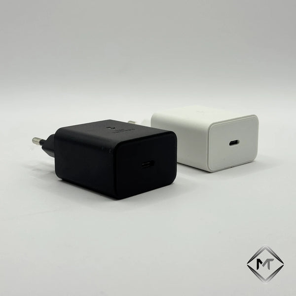 Black and white 45W PD charger top view showing single USB-C port