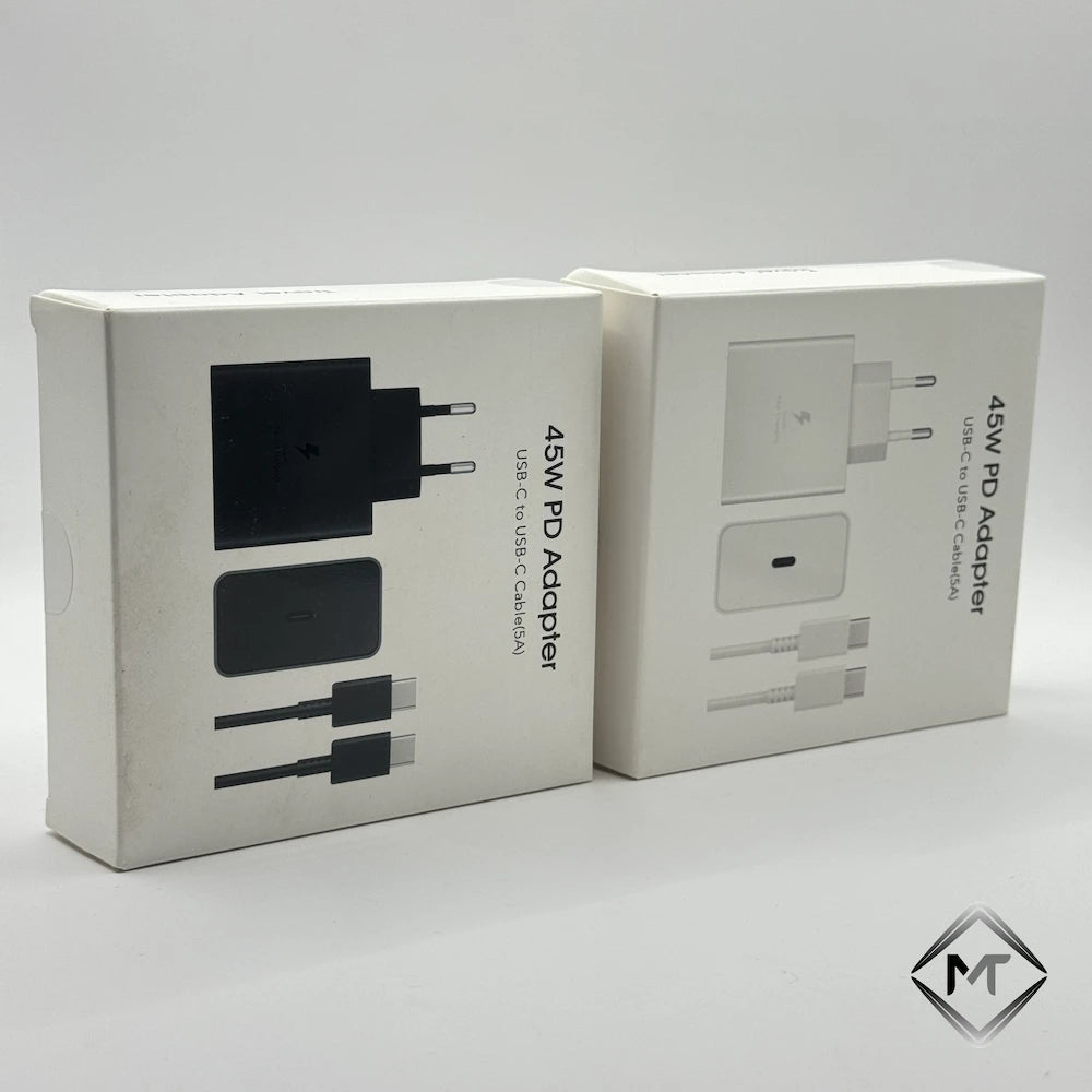 45W PD fast charger set with 5A USB-C cable packaging boxes black and white
