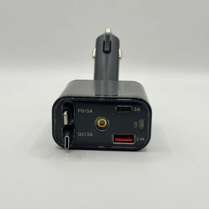 Top panel close up of car charger showing retractable Type-C and Lightning ports, extra USB-C, USB-A ports, and ambient light lens