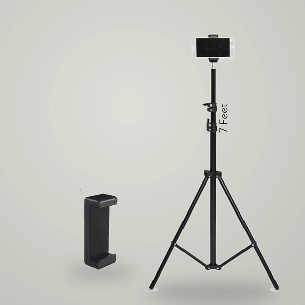 7-feet tall adjustable black tripod stand extended with smartphone mount, shown alongside folded view and universal mobile clip