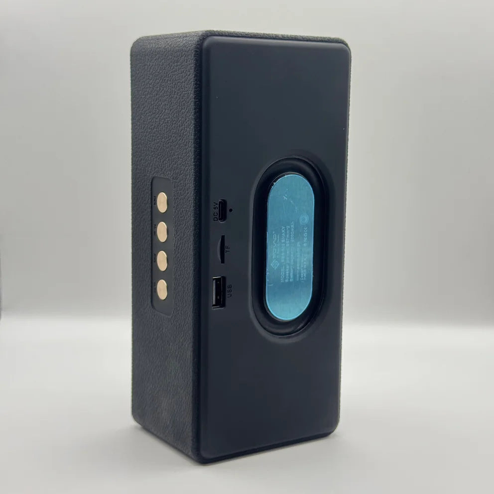 Back panel of SOVO SHAKY SBS-509 speaker showing Type-C, USB, and TF card slots