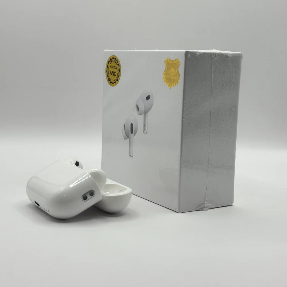 Side perspective view of white AirPods Pro 2 charging case highlighting built-in lanyard loop