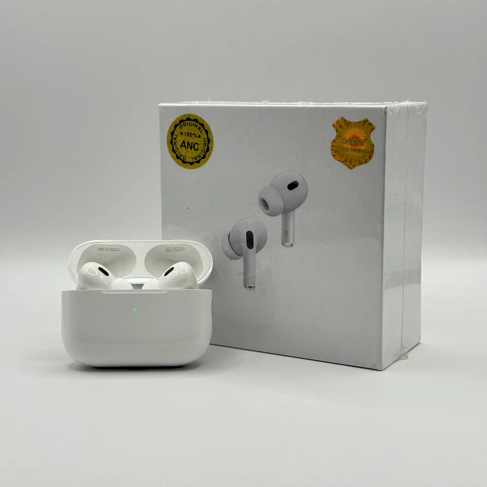 AirPods Pro 2 wireless earbuds in open white charging case standing next to sealed retail box