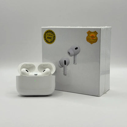 AirPods Pro 2 wireless earbuds in open white charging case standing next to sealed retail box