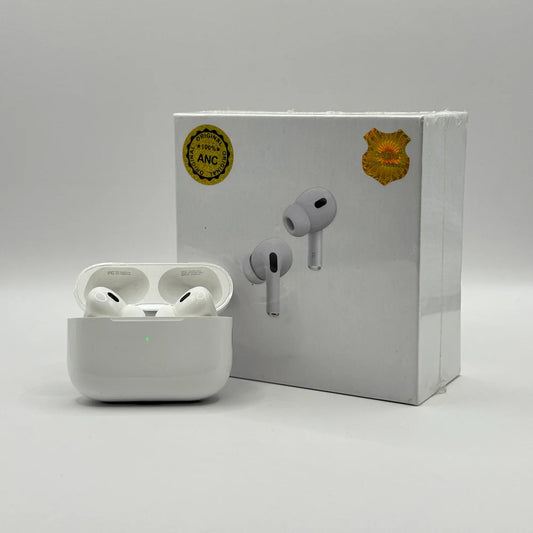 AirPods Pro 2 wireless earbuds in open white charging case standing next to sealed retail box