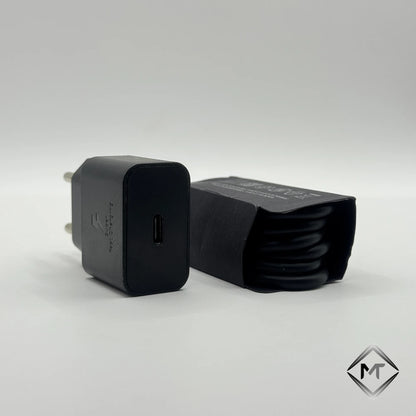 Black 25W PD charger single USB-C port top view next to packaged cable