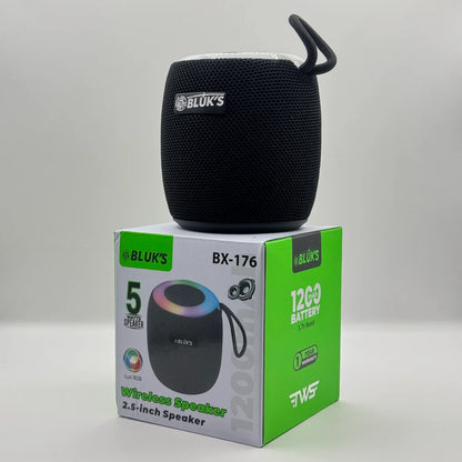 Bluks BX-176 5W portable black wireless bluetooth speaker sitting on top of its retail box
