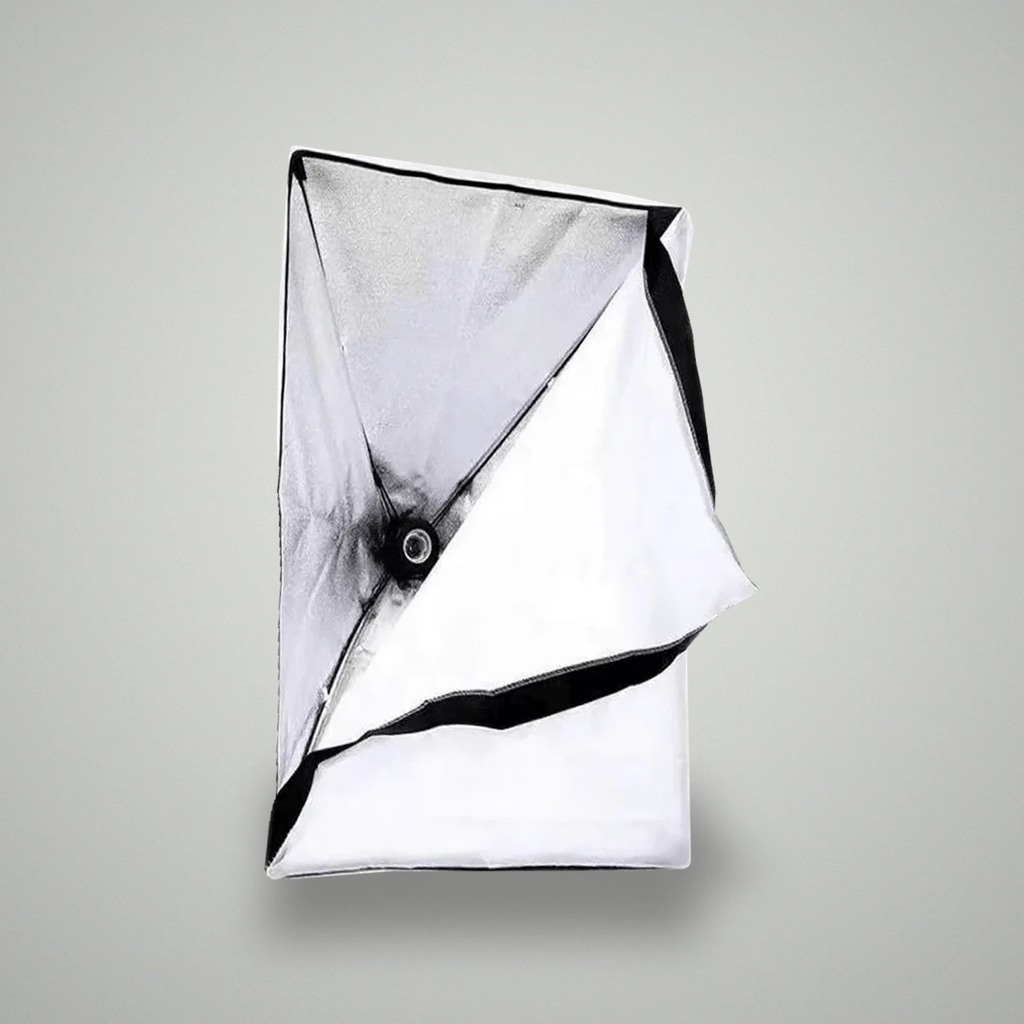 Interior view of BLUK'S 5070 softbox showing silver reflective lining, central umbrella mount, and partially attached front diffuser cloth