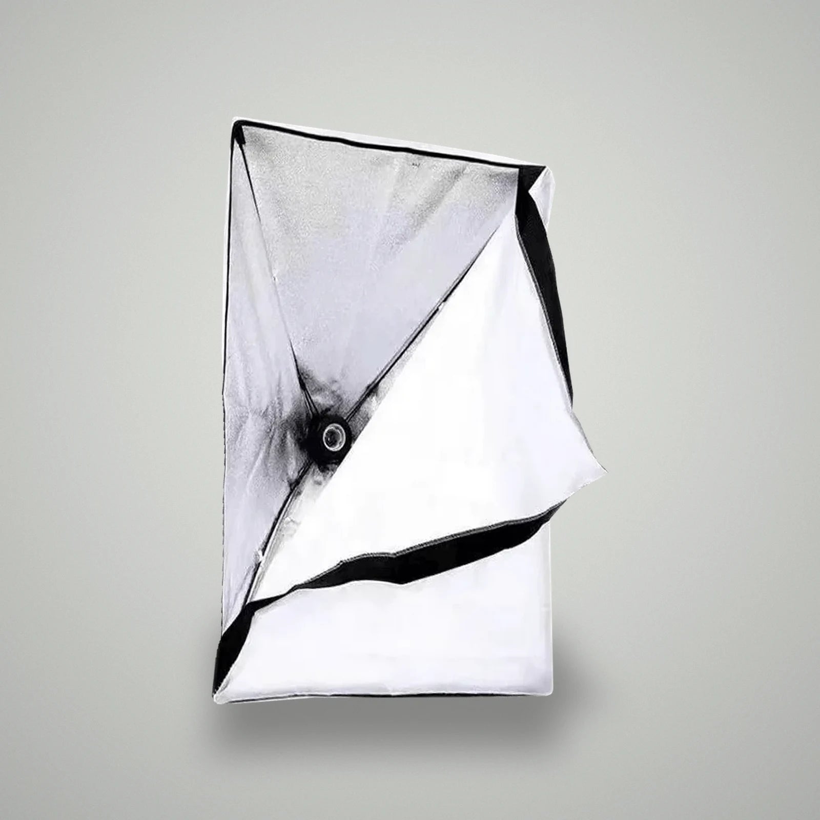 Interior view of BLUK'S 5070 softbox showing silver reflective lining, central umbrella mount, and partially attached front diffuser cloth