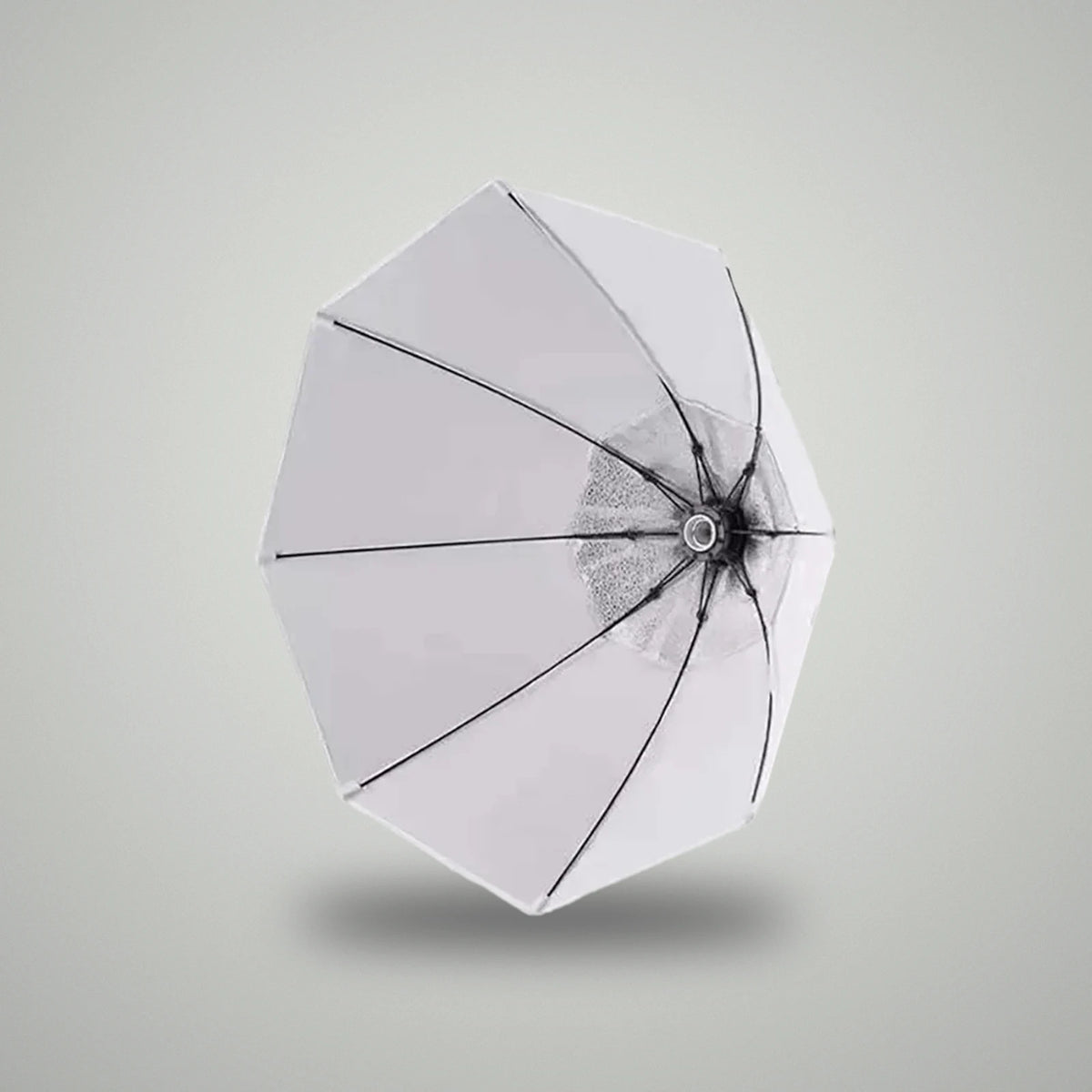 Front interior view of BLUK'S 70cm octagonal softbox showing silver reflective fabric and umbrella ribs