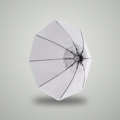 Front interior view of BLUK'S 70cm octagonal softbox showing silver reflective fabric and umbrella ribs