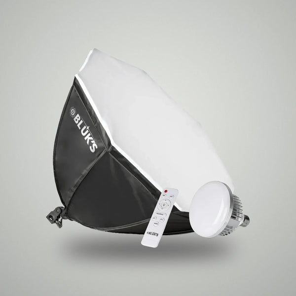 BLUK'S 70cm octagon umbrella softbox kit showing softbox diffuser, studio LED bulb, and wireless remote control