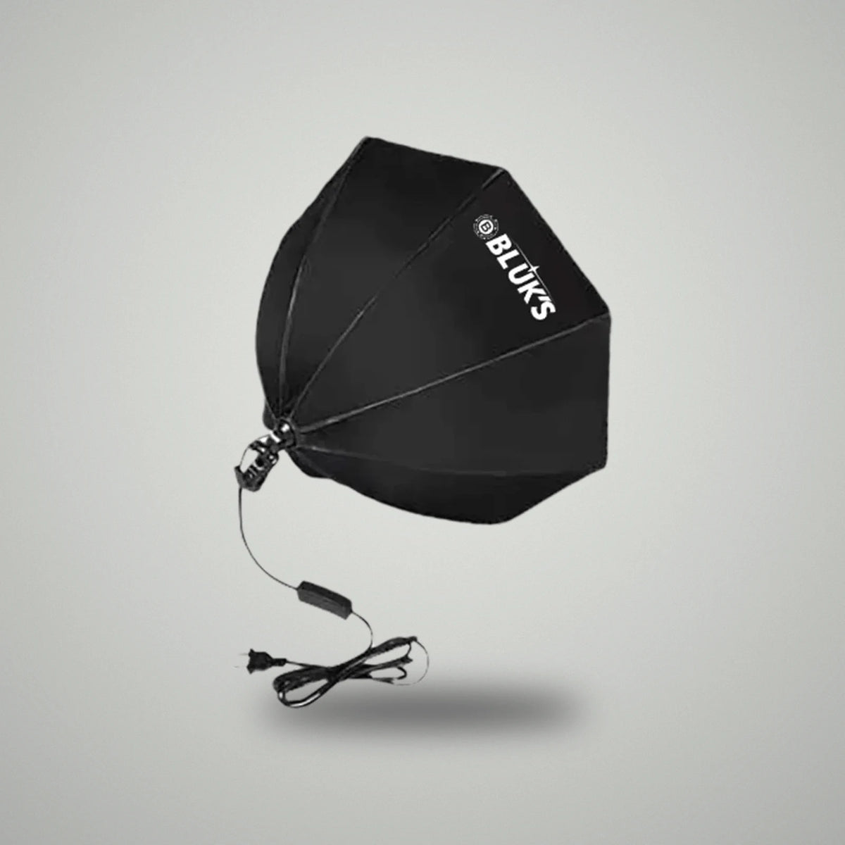 Rear view of BLUK'S 70cm black octagon softbox showing umbrella bracket and AC power cord
