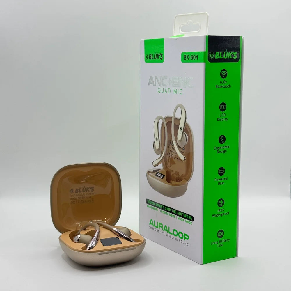 Bluk's Auraloop BX-604 open-ear earbuds in open champagne gold charging case next to retail packaging box