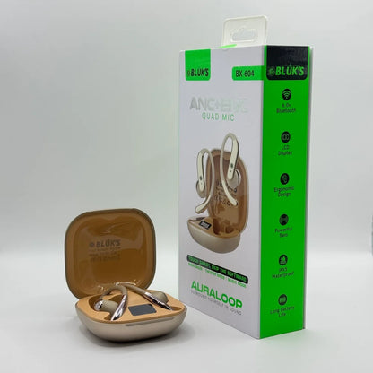 Bluk's Auraloop BX-604 open-ear earbuds in open champagne gold charging case next to retail packaging box