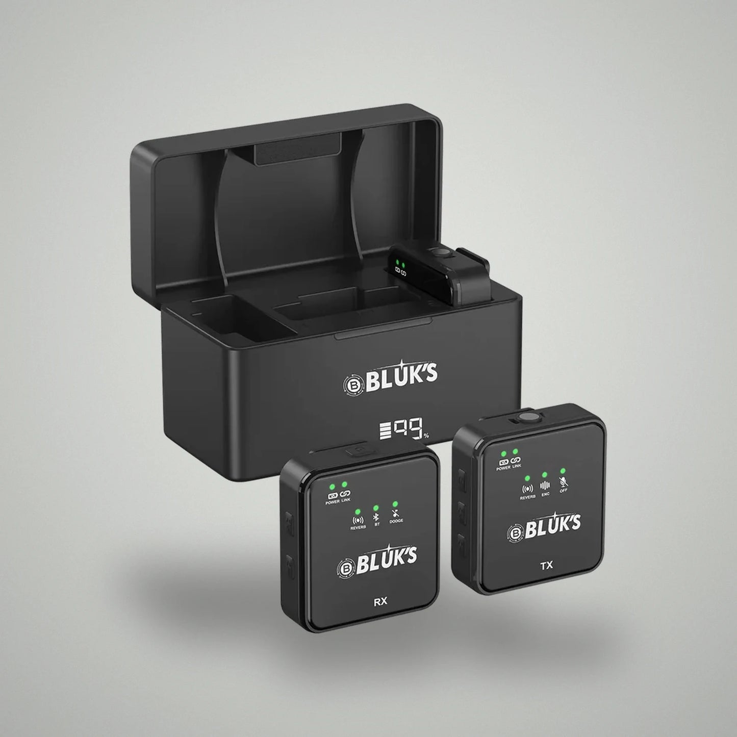 BLUK'S BX-111 wireless mic system showing charging case with transmitter and receiver units
