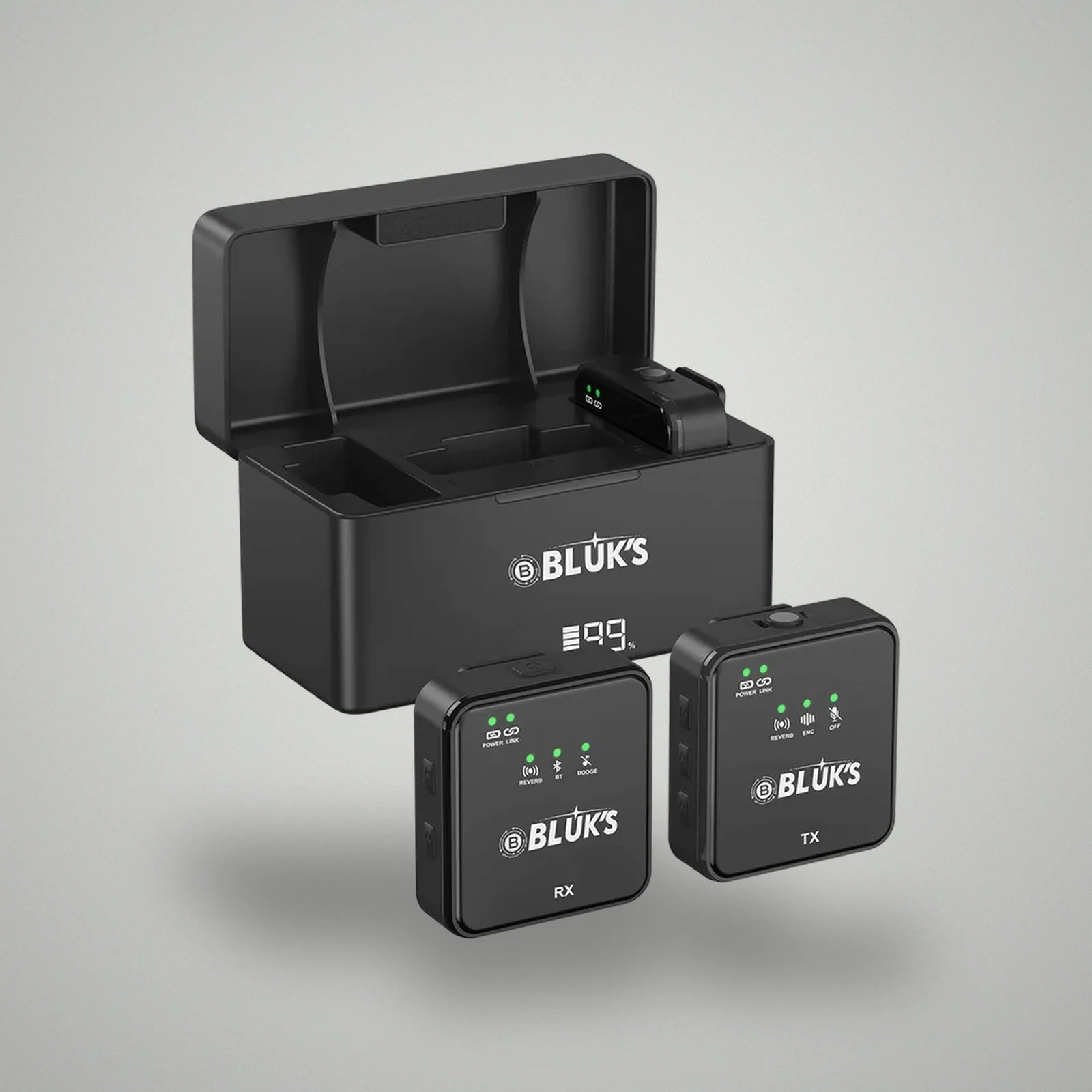 BLUK'S BX-111 wireless mic system showing charging case with transmitter and receiver units