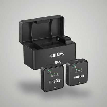 BLUK'S BX-111 wireless mic system showing charging case with transmitter and receiver units